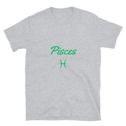 Gravel Grey t-shirt with the word "Pisces" in green script above the Pisces astrological symbol.