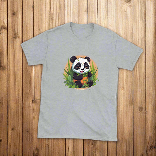 Gravel gray t-shirt shows a cartoon panda sitting and happily eating green bamboo stalks.