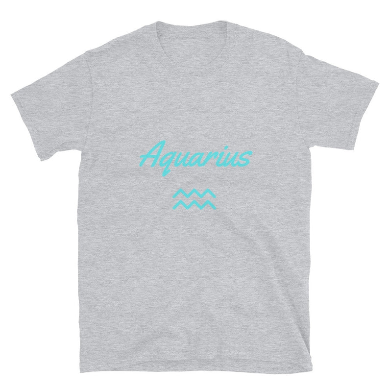 Gravel Grey t-shirt displays the word "Aquarius" in teal script above the Aquarius zodiac symbol.