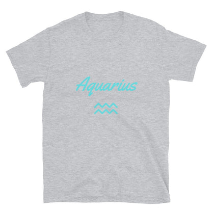 Gravel Grey t-shirt displays the word "Aquarius" in teal script above the Aquarius zodiac symbol.