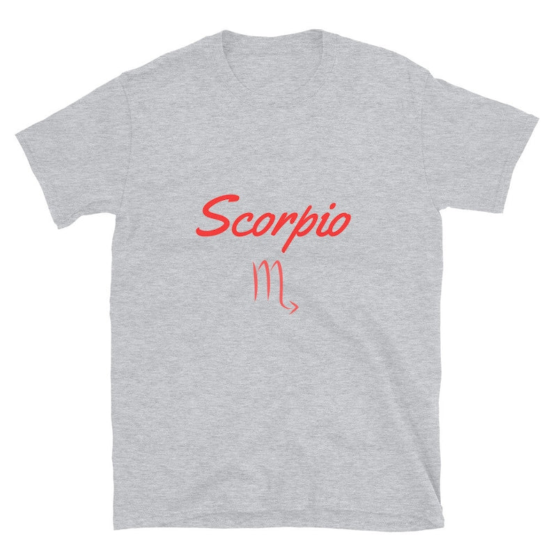 Gravel Grey t-shirt features the word "Scorpio" and its astrological symbol in red.