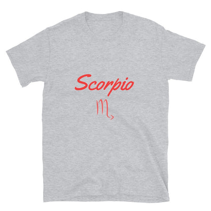 Gravel Grey t-shirt features the word "Scorpio" and its astrological symbol in red.