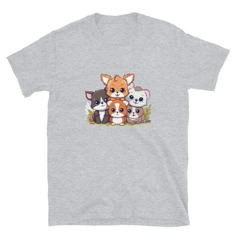 Gravel Grey t-shirt featuring a stack of five adorable cartoon animals: a fox, cat, hamster, and two dogs.