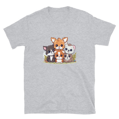 Gravel Grey t-shirt featuring a stack of five adorable cartoon animals: a fox, cat, hamster, and two dogs.