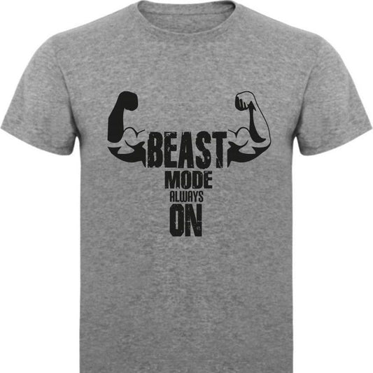 Gray t-shirt with "BEAST MODE ALWAYS ON" text and flexing arm graphics.