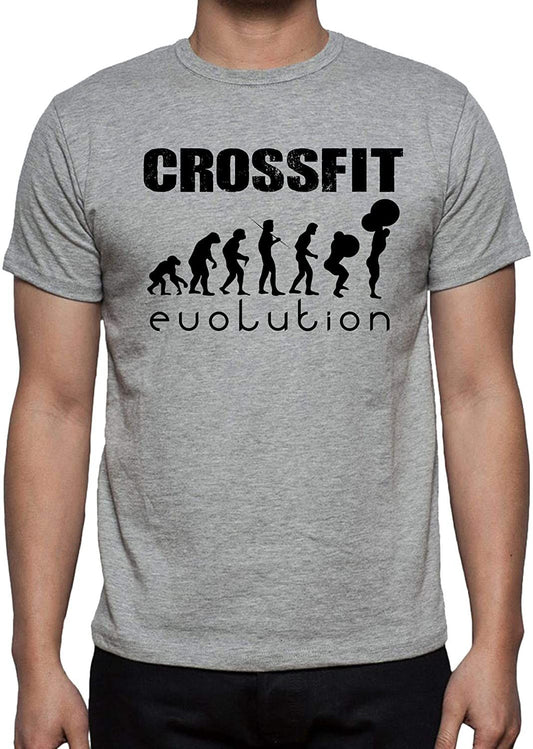 Gray t-shirt with "CrossFit Evolution" text and stick figure progress graphic.