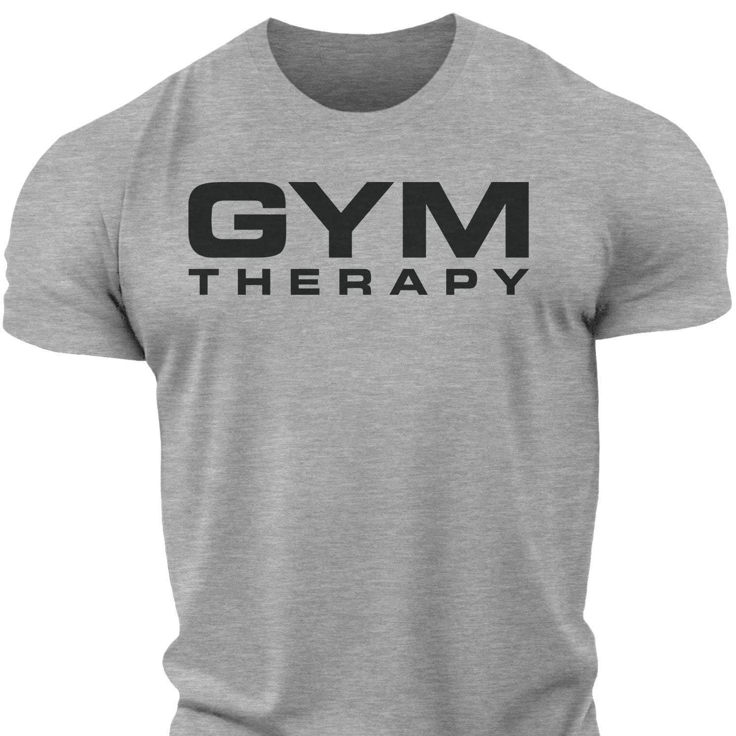 Gray t-shirt with "GYM THERAPY" text on muscular torso.