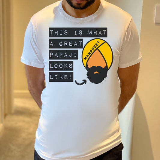"Great Papaji" t-shirt features a distinctive, high-quality print on premium fabric, showcasing our commitment to exceptional design and material excellence.