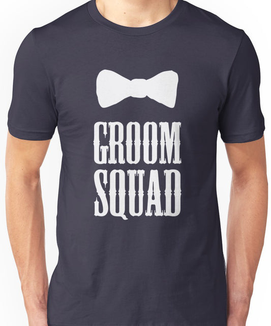 Dark blue cotton t-shirt featuring a white bowtie graphic above the distressed white text "GROOM SQUAD".