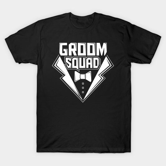 Black cotton t-shirt featuring white text "GROOM SQUAD" above a tuxedo graphic with a bow tie and four buttons.