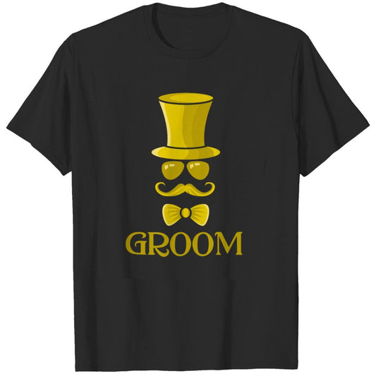 Black cotton t-shirt with a gold graphic of a top hat, sunglasses, and mustache above the gold text "GROOM".