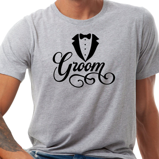 Grey cotton t-shirt featuring a black tuxedo graphic with a bow tie above the cursive word "Groom".