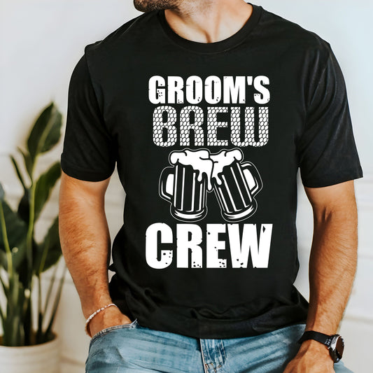 Black cotton t-shirt with white text "GROOM'S" above "BREW" in a net-like font, two overlapping beer mugs graphic, and "CREW" at the bottom.