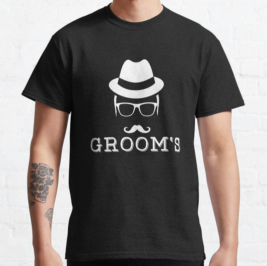 Black cotton t-shirt with a white graphic of a fedora hat, glasses, and a mustache above the text "GROOM'S".