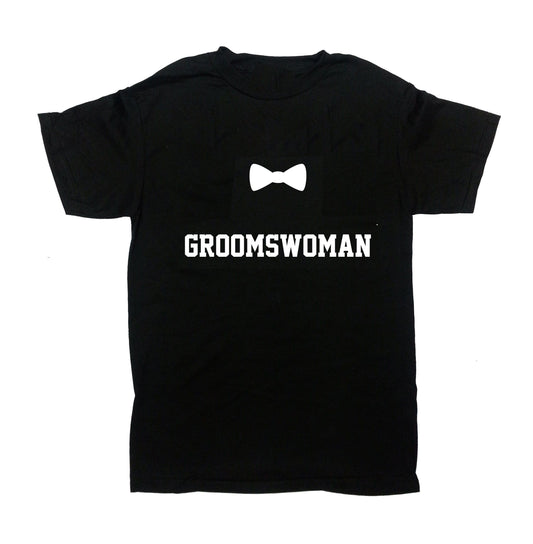 Black cotton t-shirt featuring a white bowtie graphic above the white text "GROOMSWOMAN".