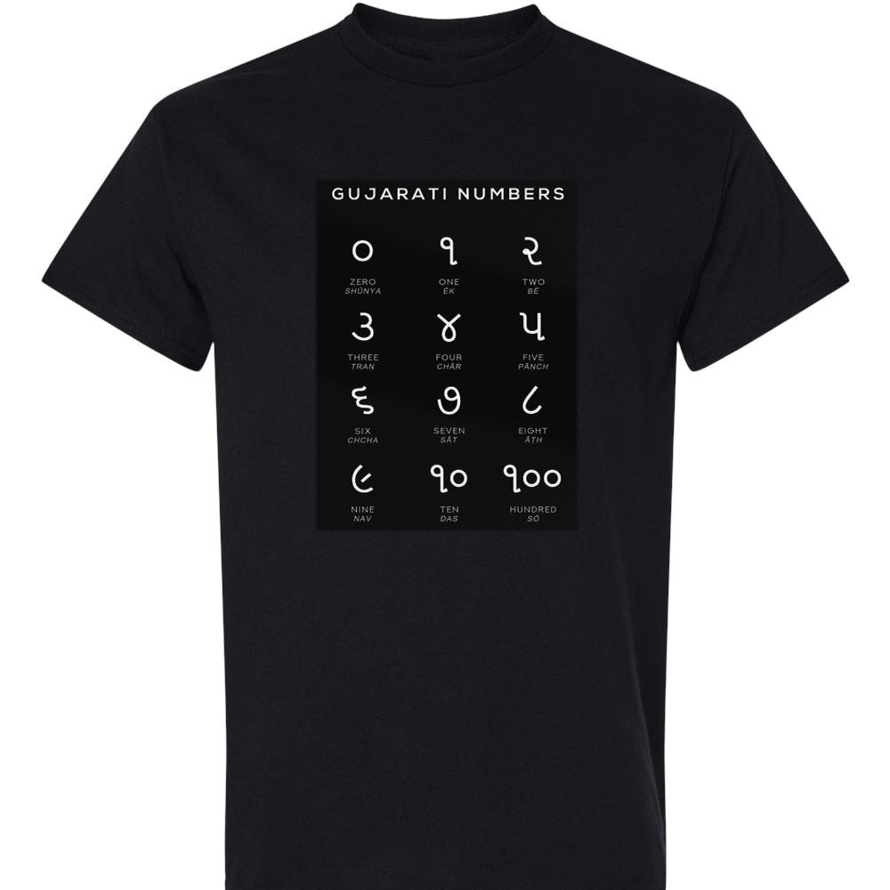 Black t-shirt with a white grid displaying Gujarati numerals (0-100) and their English translations. The phrase "GUJARATI NUMBERS" is at the top. Cotton blend t-shirts, available in various sizes.