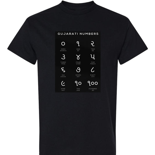 Black t-shirt with a white grid displaying Gujarati numerals (0-100) and their English translations. The phrase "GUJARATI NUMBERS" is at the top. Cotton blend t-shirts, available in various sizes.