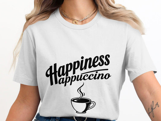 White t-shirt with "Happiness Cappuccino" text and a steaming cup of coffee graphic.  A simple and elegant design for cappuccino enthusiasts.