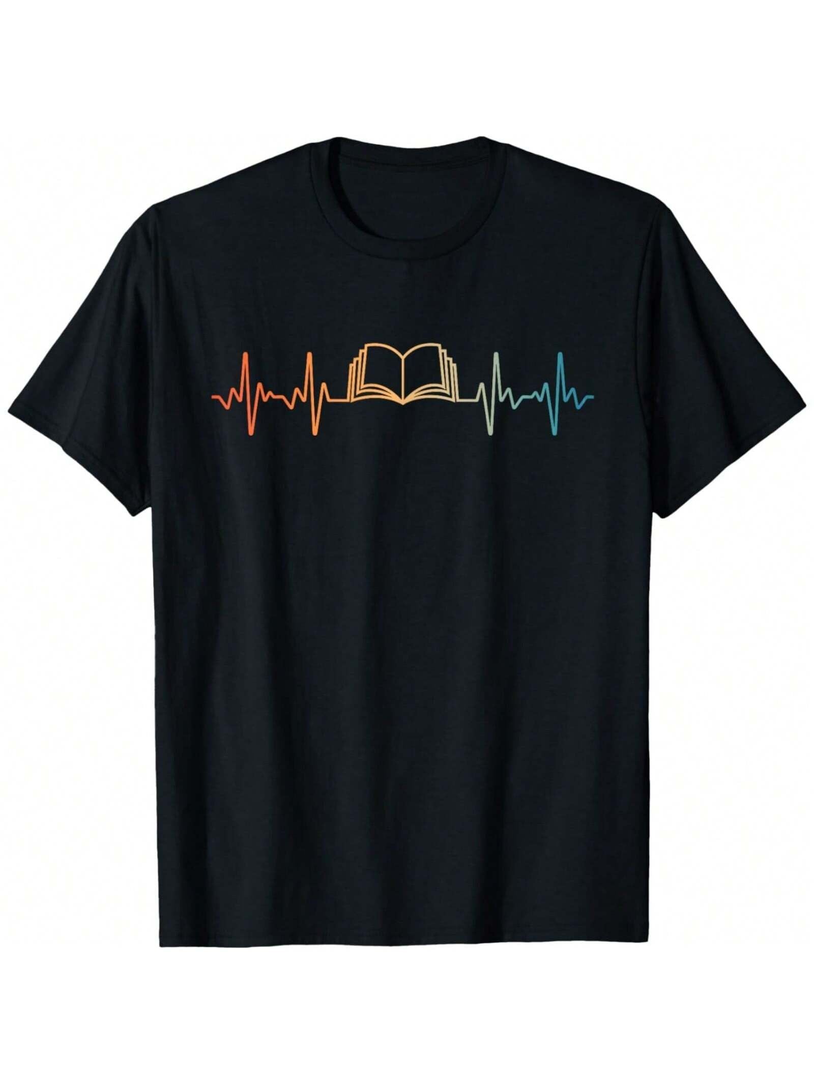 Black t-shirt with a heartbeat line graphic featuring an open book in the center.  A stylish and unique design for book lovers.