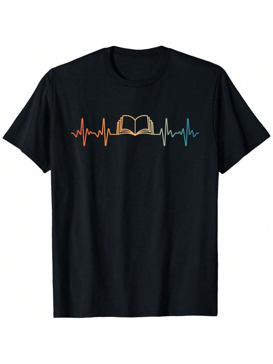Black t-shirt with a heartbeat line graphic featuring an open book in the center.  A stylish and unique design for book lovers.