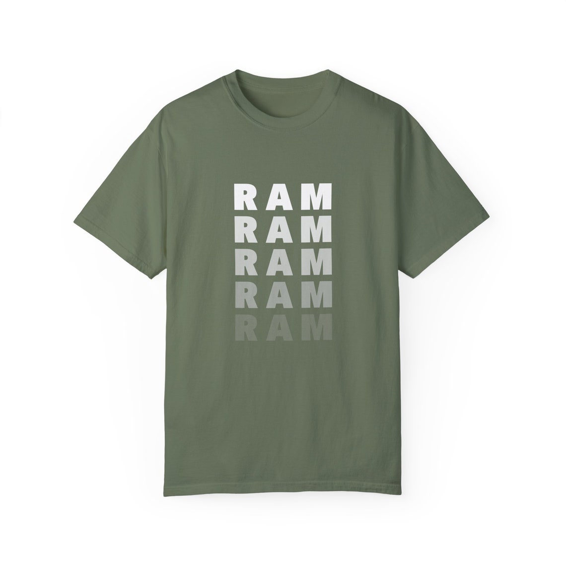 Heather Green T-Shirt featuring the word "RAM" repeated in a vertical design.