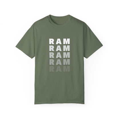 Heather Green T-Shirt featuring the word "RAM" repeated in a vertical design.