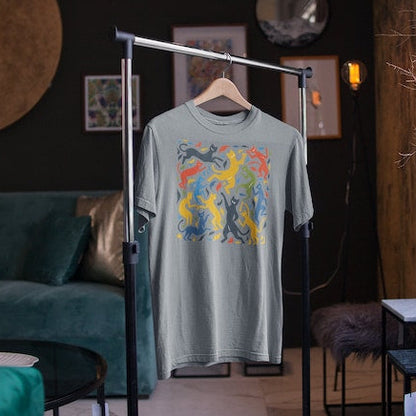 Heather Grey t-shirt on a hanger features a colorful pattern of dancing cats reminiscent of Matisse's "The Dance."