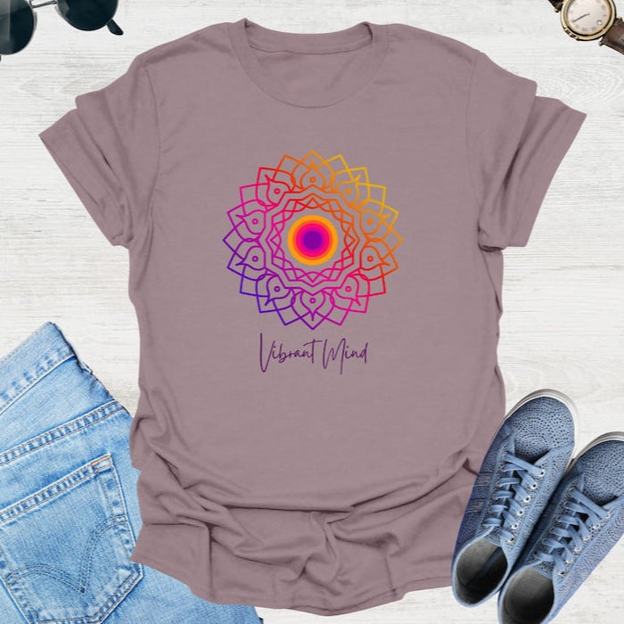 Heather Maroon t-shirt displays a colorful gradient mandala graphic and the text "Vibrant Mind" in cursive.