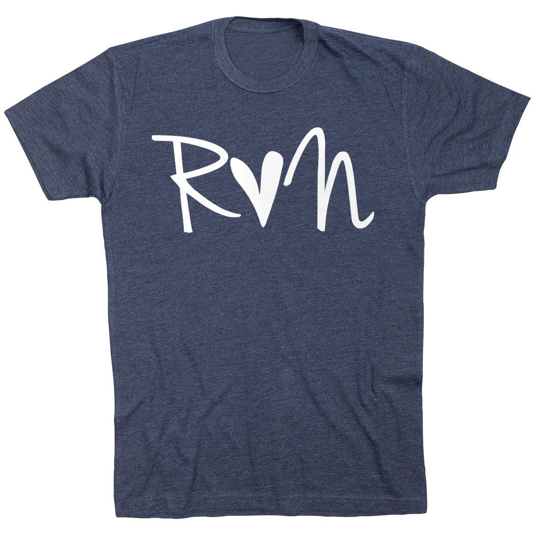 Heather blue t-shirt with white "RUN" text and heart graphic.