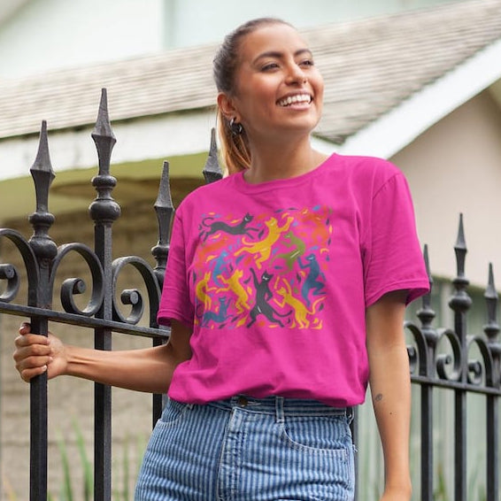 Heliconia Pink T-shirt with Matisse "The Dance" Inspired Cat Design