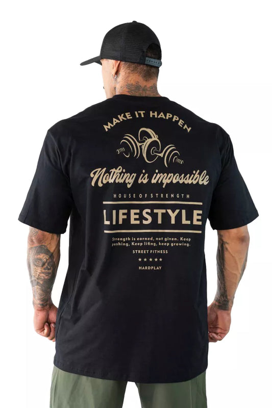 Dark-colored oversize t-shirt with "Make It Happen", "Nothing is Impossible", "House of Strength", "Lifestyle" text, dumbbell graphics, and a motivational quote on the back.