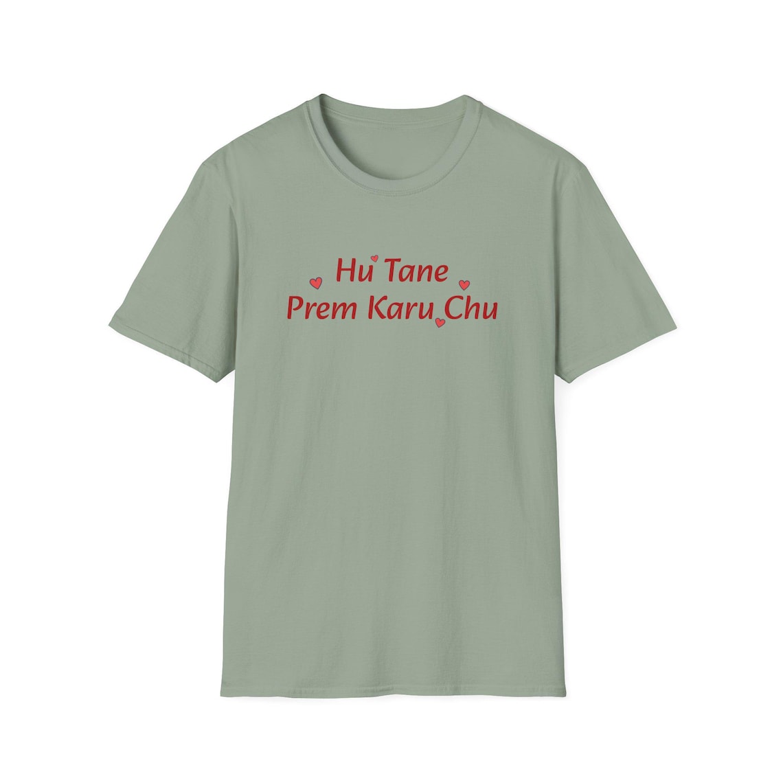 Light green t-shirt with the Gujarati phrase "Hu Tane Prem Karu Chu" (હું તને પ્રેમ કરું છું - I love you) in red text, surrounded by small heart symbols. Cotton blend t-shirts, available in various sizes.