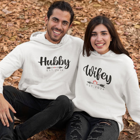 Hubby & Wifey Matching White Hoodies Outfit For Couples