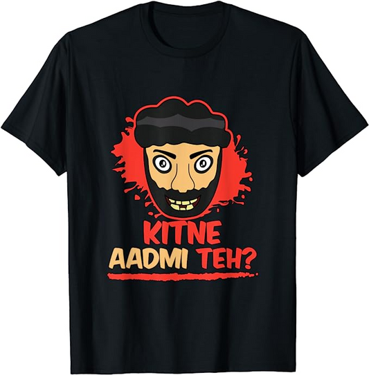 Black t-shirt with a cartoon villain face and the Hindi text "KITNE AADMI THE?" (How many men were there?).