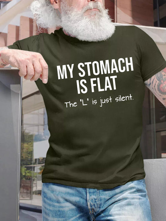 : A person wearing an olive green t-shirt with white text "MY STOMACH IS FLAT The 'L' is just silent."