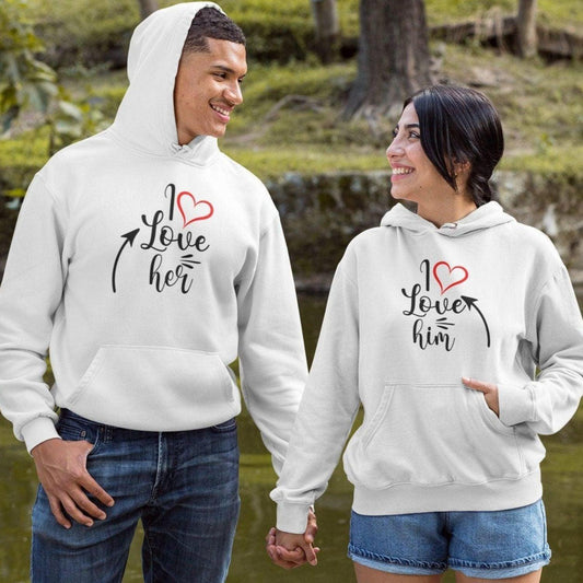 I ❤ Him & I ❤ Her White Couple Hoodies