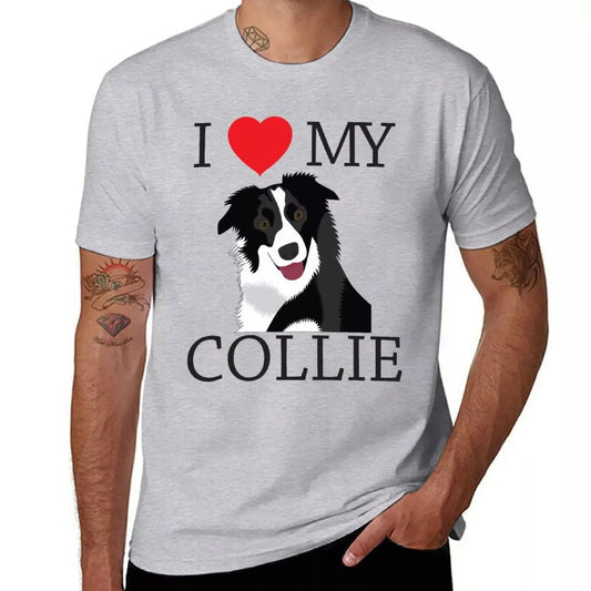 A man in a gray t-shirt with an "I Love My Collie" graphic featuring a Border Collie dog.