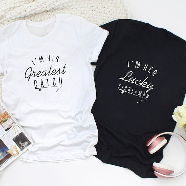 I'M His Greatest Catch & I'M Her Lucky Fisherman Couple Hoodies Black & White Shade