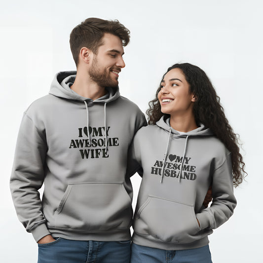 I ❤ My Awesome Husband & I ❤ My Awesome Wife Printed Grey Couple Hoodies