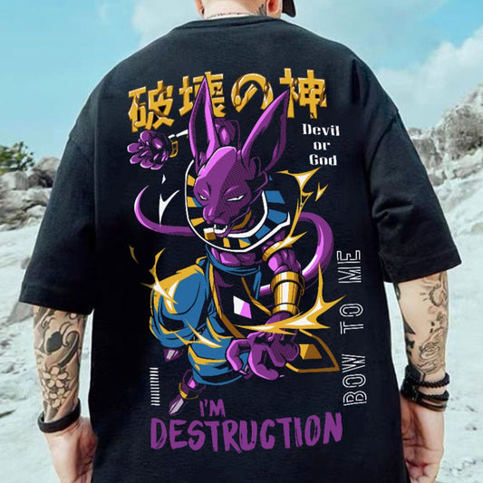 Dark-colored oversize t-shirt with a graphic of Beerus from Dragon Ball Super, Japanese characters, "Devil or God" text, "Bow to Me" text, and "I'm Destruction" text on the back.