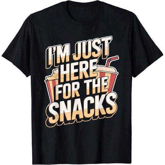 Black t-shirt with "I'm Just Here For The Snacks" text and popcorn and drink graphics.  A playful design for snack lovers.