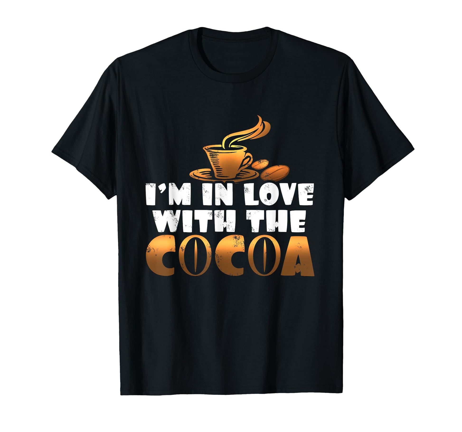 Black t-shirt with "I'm in love with the cocoa" text and a cocoa cup graphic. A passionate design for cocoa enthusiasts.