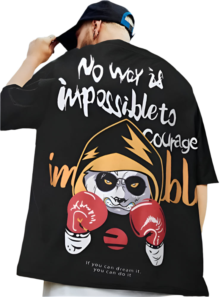 Dark-colored oversize t-shirt with "No way is impossible to courage" text, a boxing panda graphic, and "If you can dream it, you can do it" text on the back.