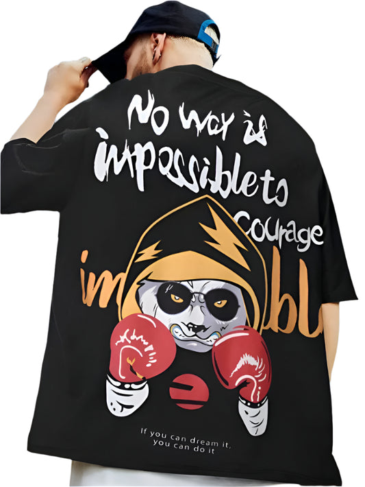 Dark-colored oversize t-shirt with "No way is impossible to courage" text, a boxing panda graphic, and "If you can dream it, you can do it" text on the back.