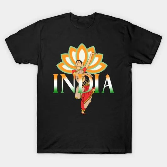 India dance t-shirt features a distinctive, high-resolution cultural design on quality black fabric, showcasing our unique artistic style.