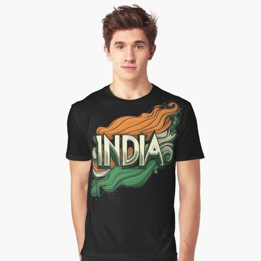 "India" graphic t-shirt features a unique, high-resolution, artistic design on quality black fabric, highlighting our distinct style.
