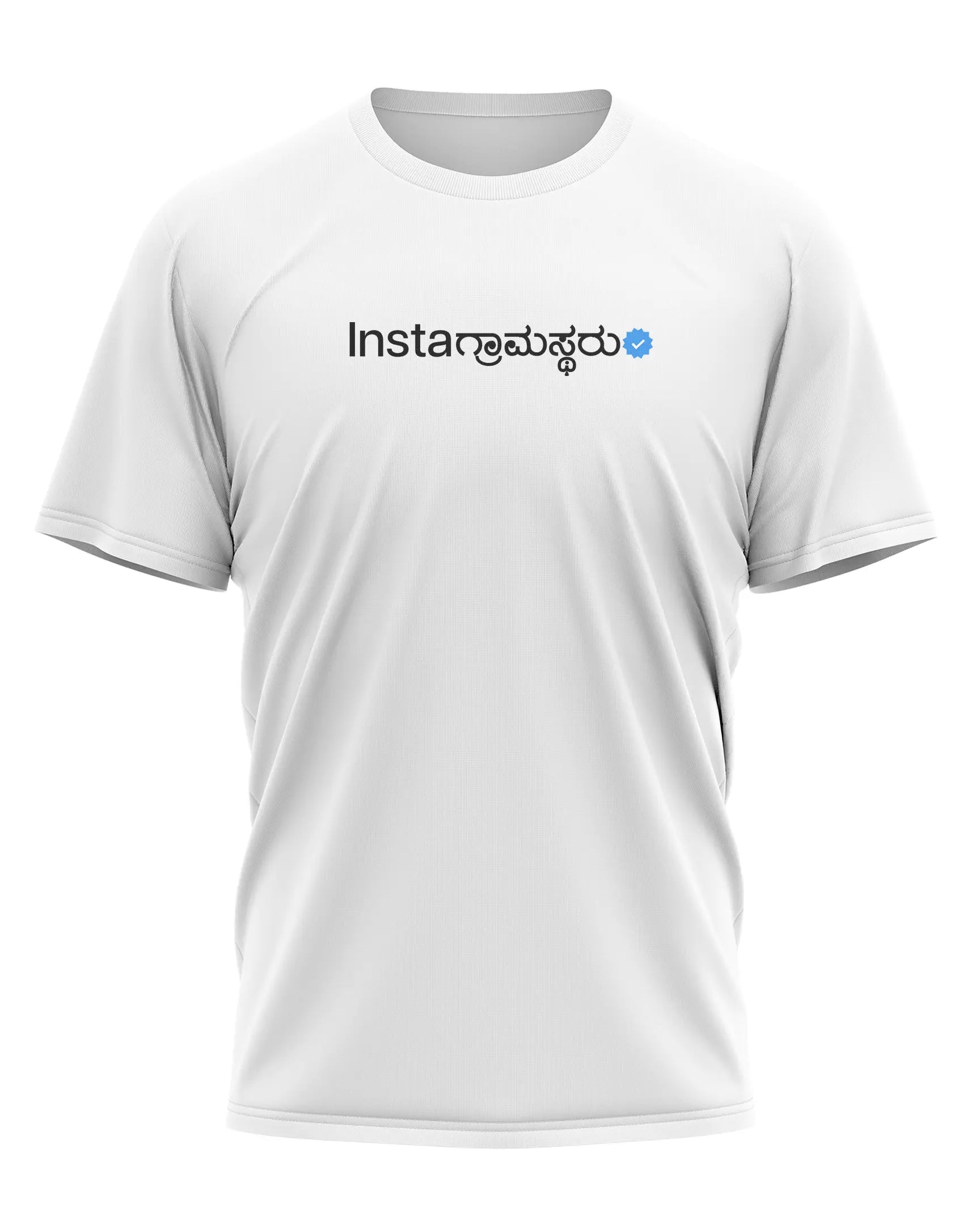White t-shirt with "Insta Gramastharu" in Kannada script, translating to "Instagram Villagers." A humorous design related to social media and Kannada culture.