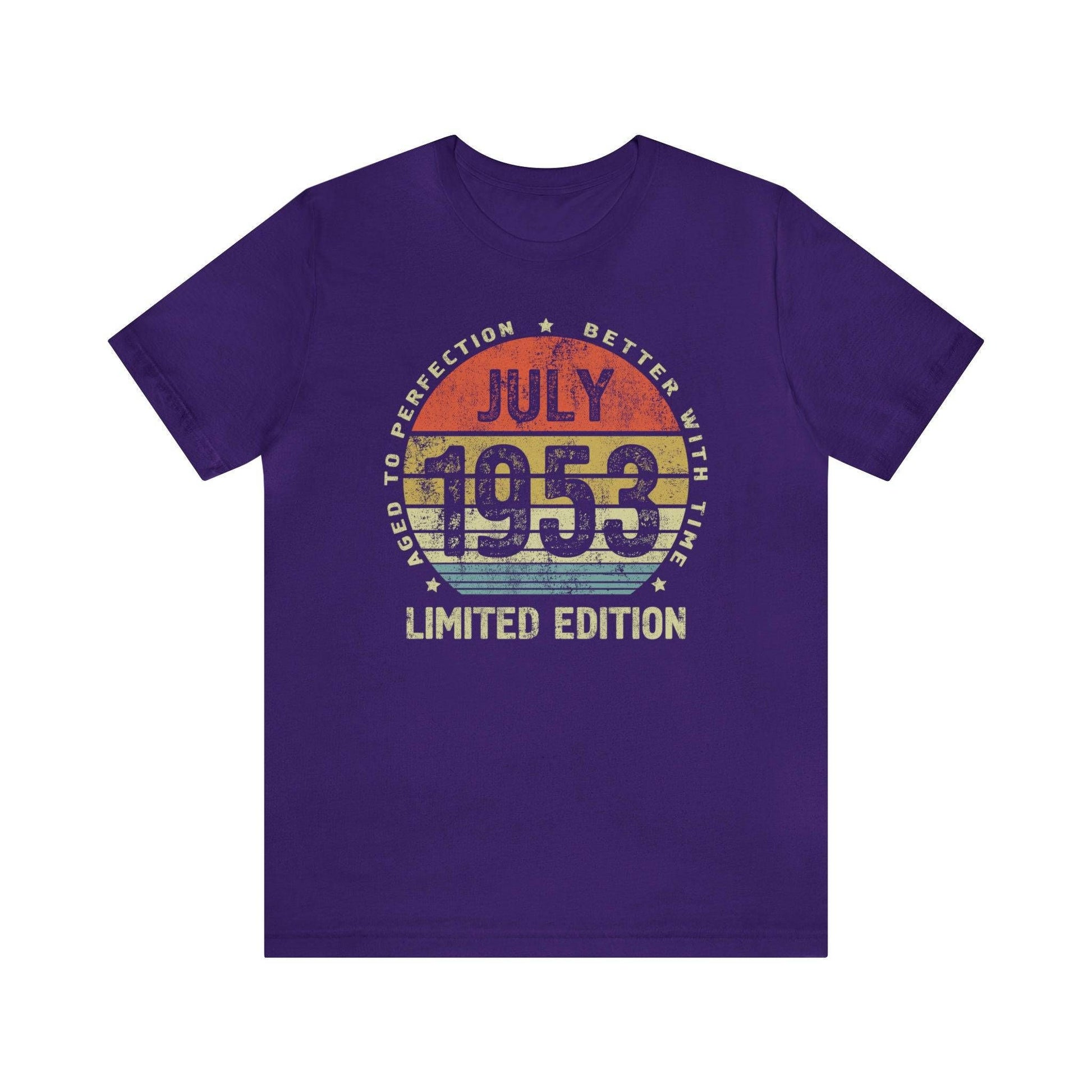 Purple t-shirt with "July 1953 Limited Edition" in a distressed, vintage design.  Celebrates a special July birthday with a classic, aged aesthetic.