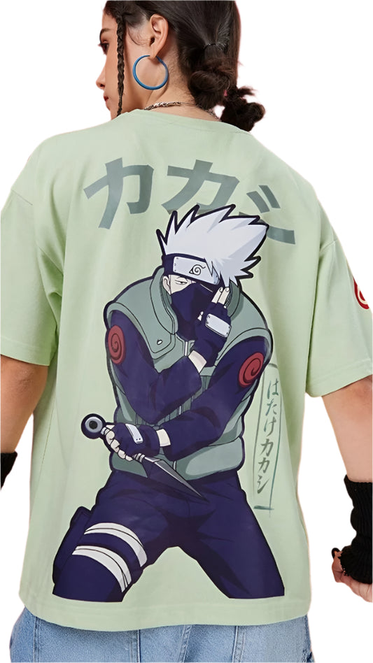 Light green oversize t-shirt with a graphic of Kakashi Hatake from Naruto on the back, along with Japanese text.