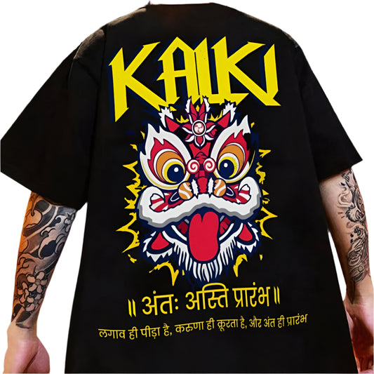 Black oversized t-shirt with "KALKI" text, a lion dance graphic, and Sanskrit text on the back.